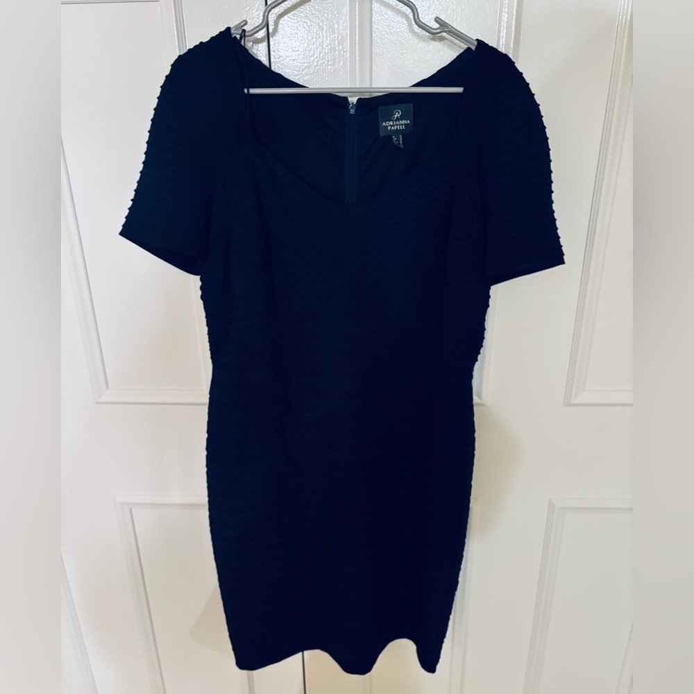 Adrianna Papell Cross Bodice Sheath in Blue Moon Pleated Jersey, Size 12